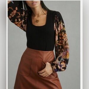 Anthropologie Black Bodice Floral Print Balloon Sleeve Top